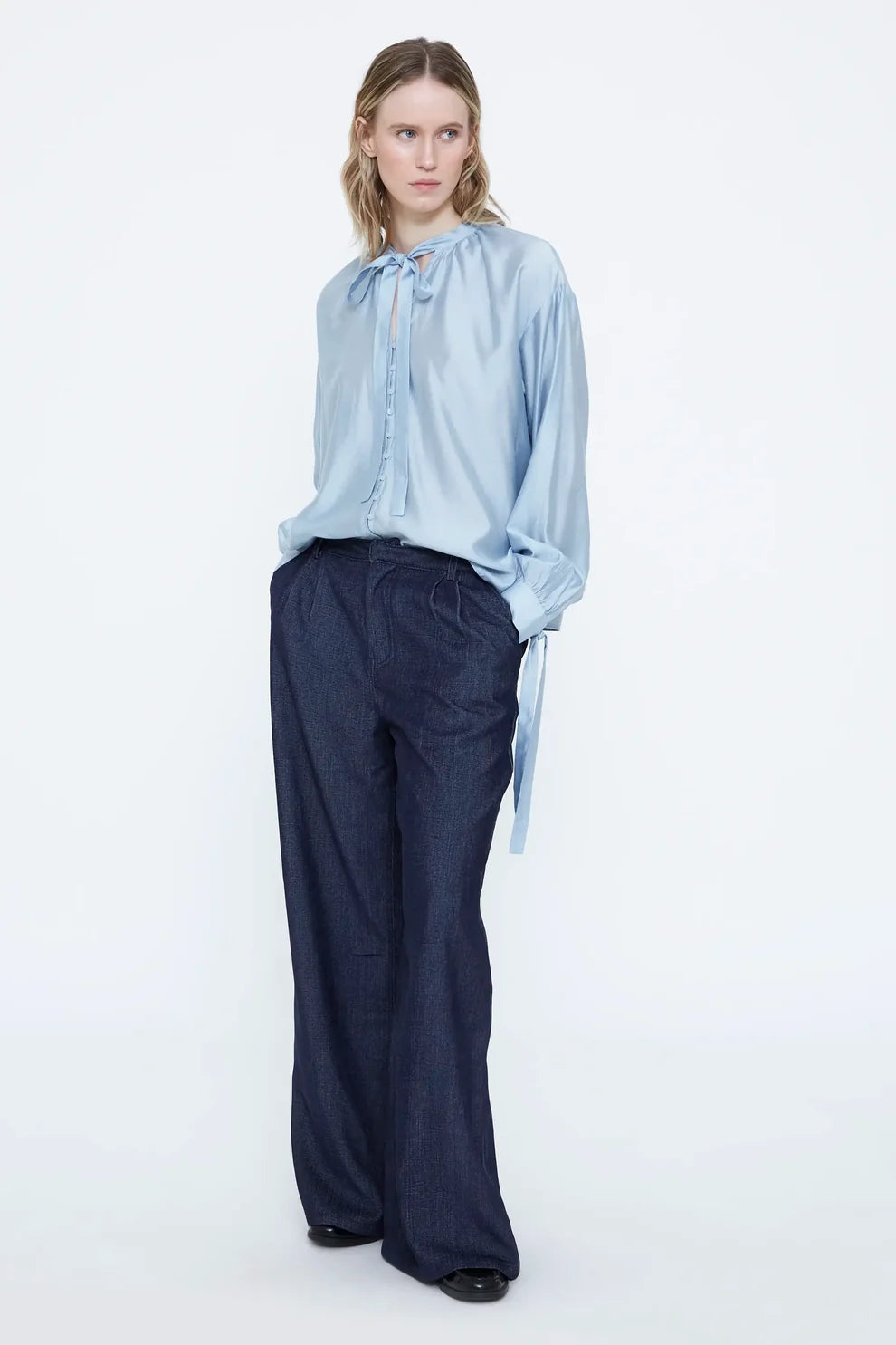 Wild Pony Baby Blue Satin Blouse with Tie Neck