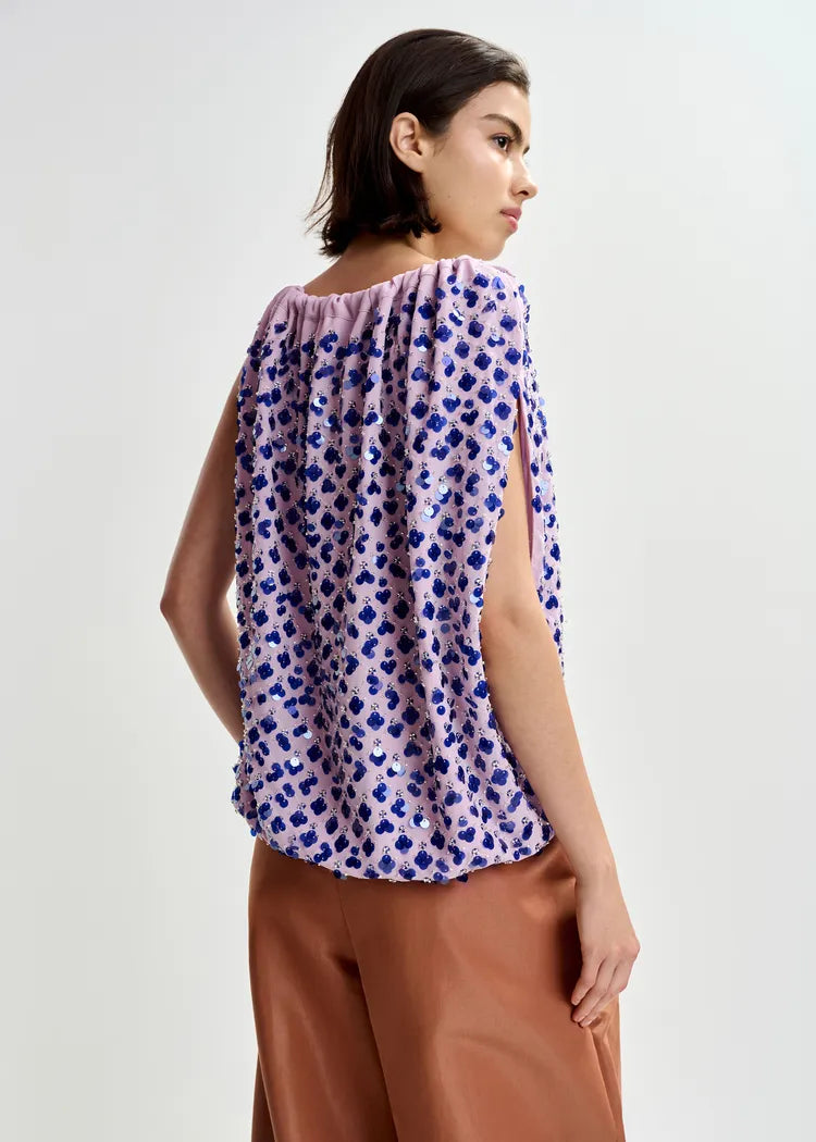 Essentiel Antwerp Purple & Electric Blue Sequin Asymmetrical Top with Neck Tie Ribbon