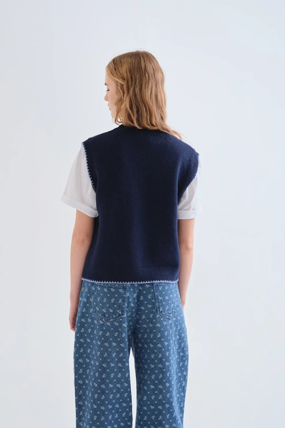 Compañia Fantástica Navy Knit Vest with Green Embroidered Flowers