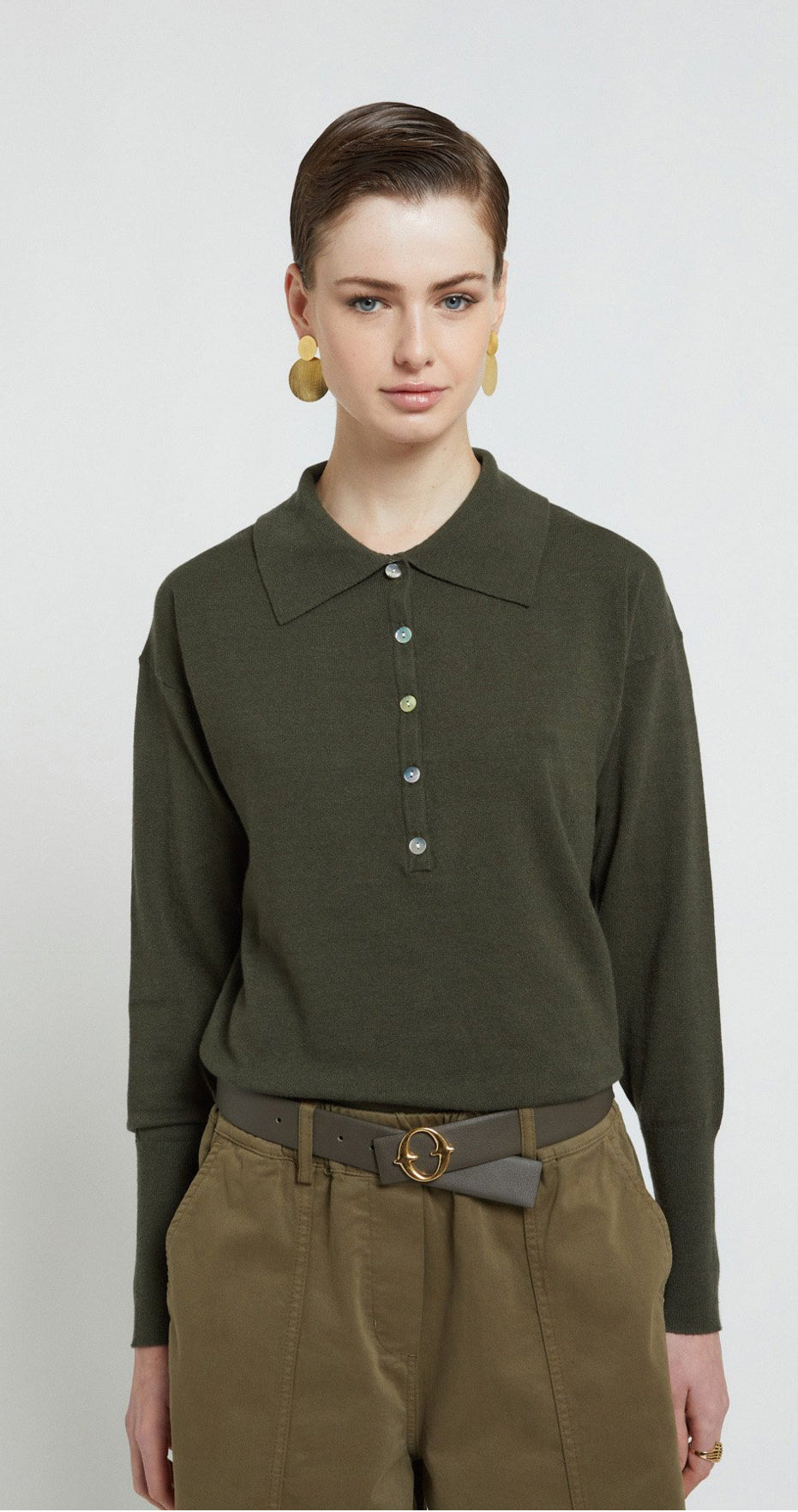 Ottod’Ame Army Green Fine Knit Jumper with Polo Collar