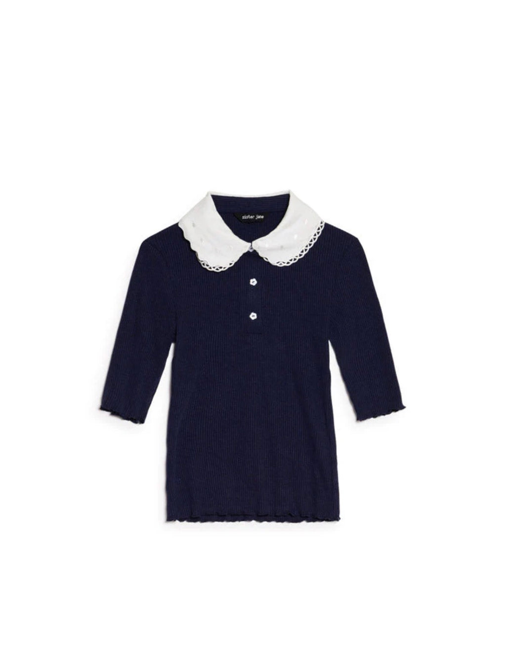 Sister Jane Navy Fine Knit Polo Top with White Collar