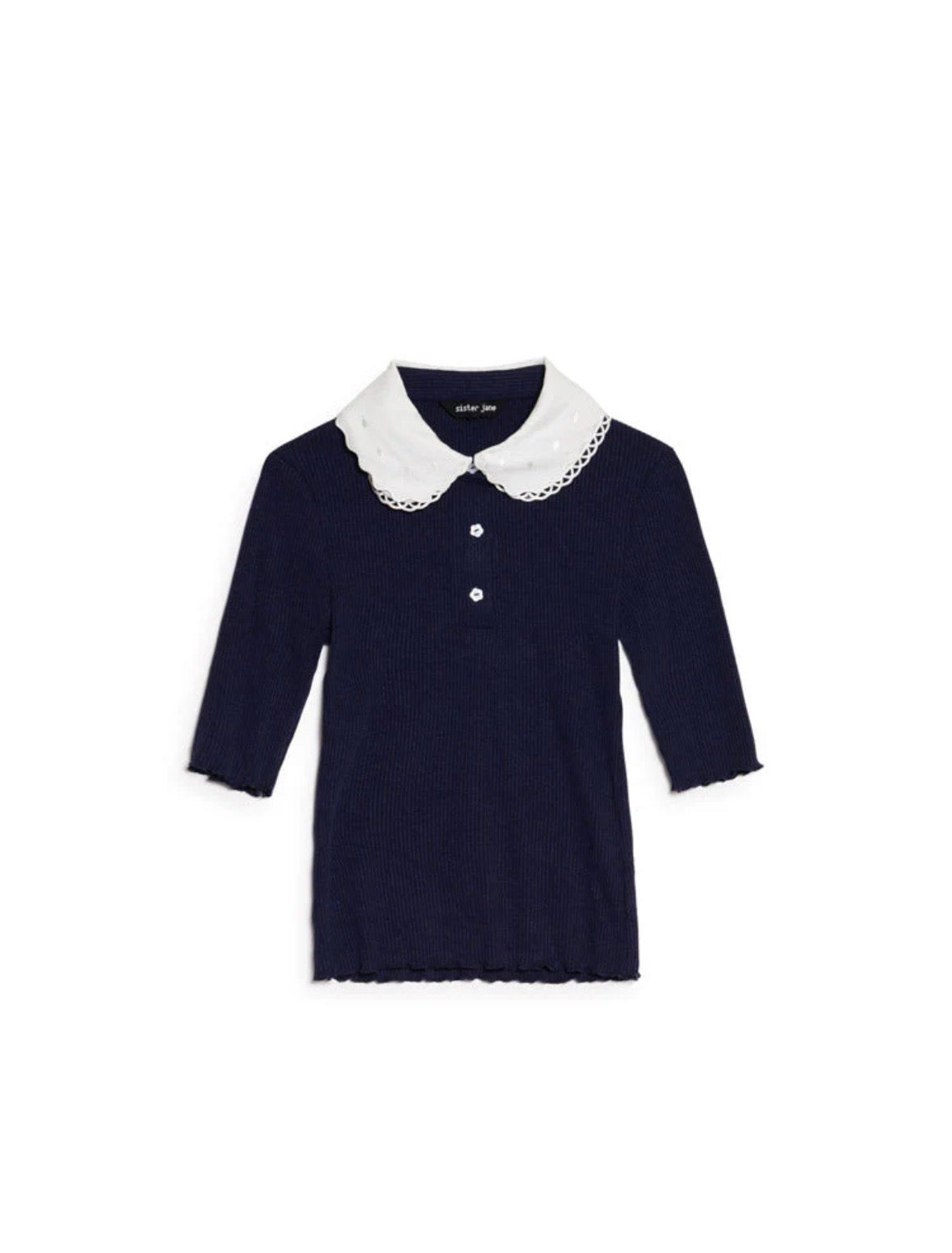 Sister Jane Navy Fine Knit Polo Top with White Collar