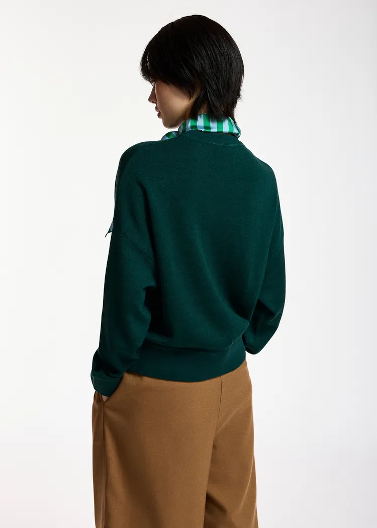 Essentiel Antwerp Forest Green Knit Sweatshirt with Striped Scarf & Brooch