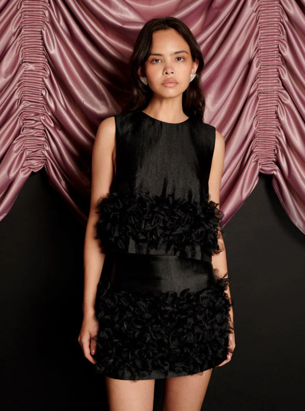 Sister Jane Black Organza Top with Embellished Hemline