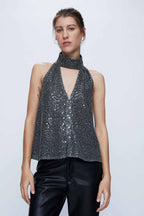 Wild Pony Silver Sequin Halter-Neck Top