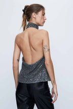 Wild Pony Silver Sequin Halter-Neck Top