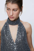 Wild Pony Silver Sequin Halter-Neck Top