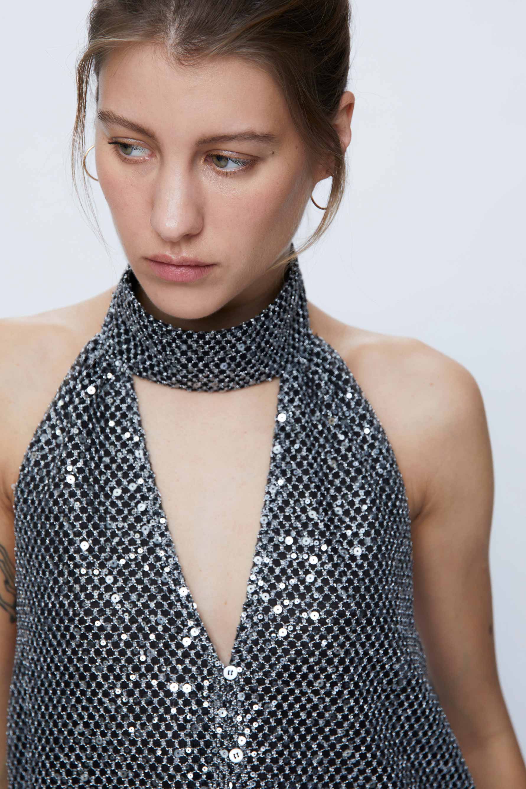 Wild Pony Silver Sequin Halter-Neck Top