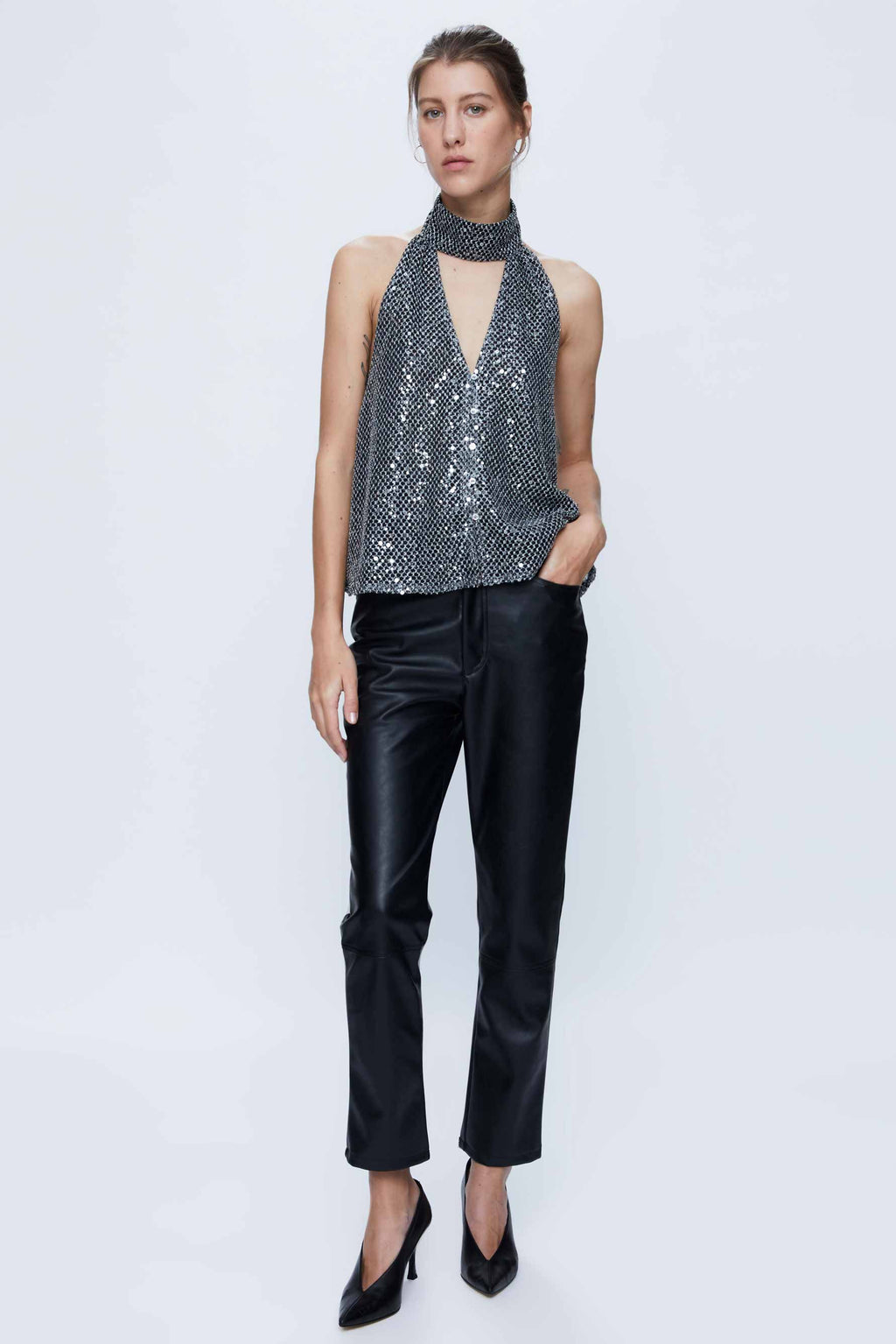Wild Pony Silver Sequin Halter-Neck Top