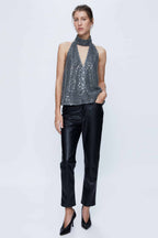 Wild Pony Silver Sequin Halter-Neck Top