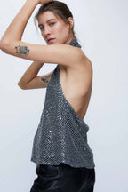 Wild Pony Silver Sequin Halter-Neck Top