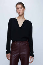 Wild Pony Black Viscose Long Sleeve V-Neck Blouse