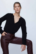 Wild Pony Black Viscose Long Sleeve V-Neck Blouse