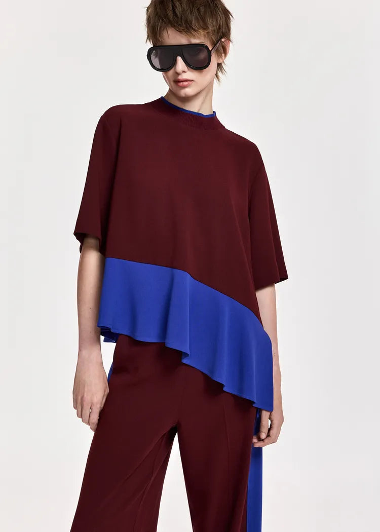 Essentiel Antwerp Burgundy Blue Co-Ord Top with Asymmetrical Hem