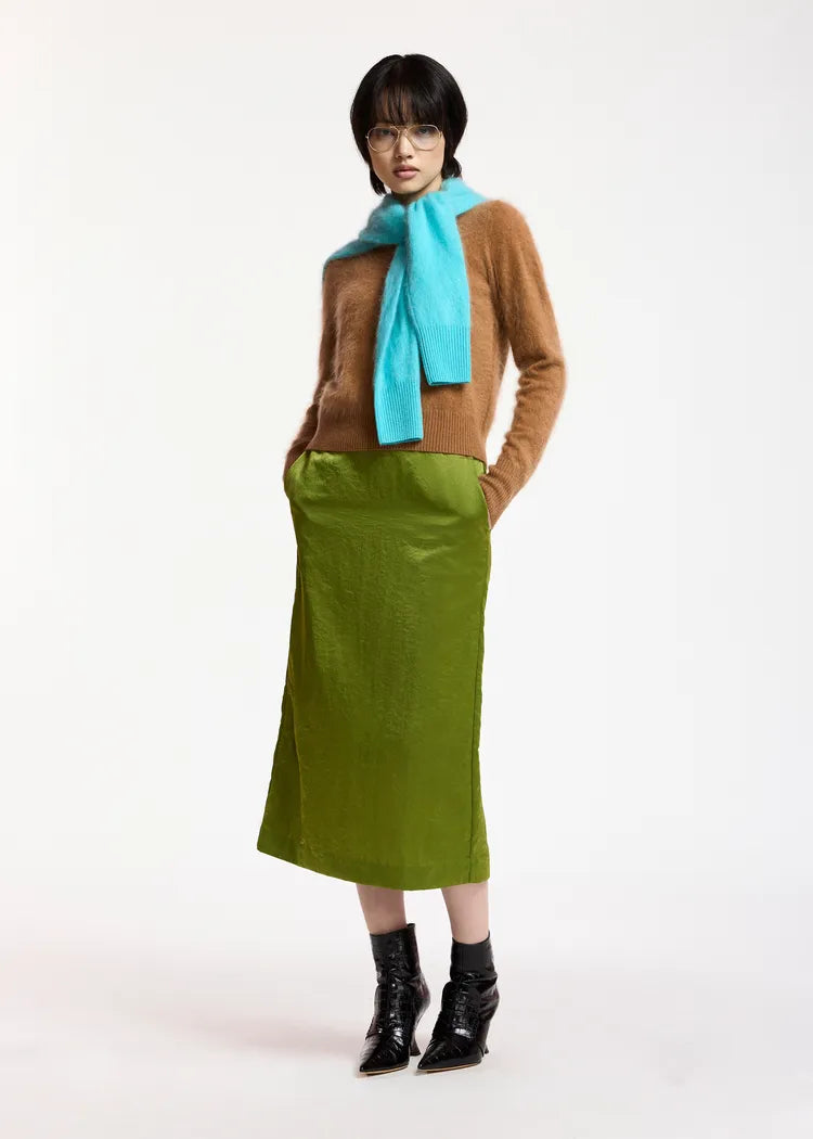 Essentiel Antwerp Kiwi Green Satin Midi Pencil Skirt