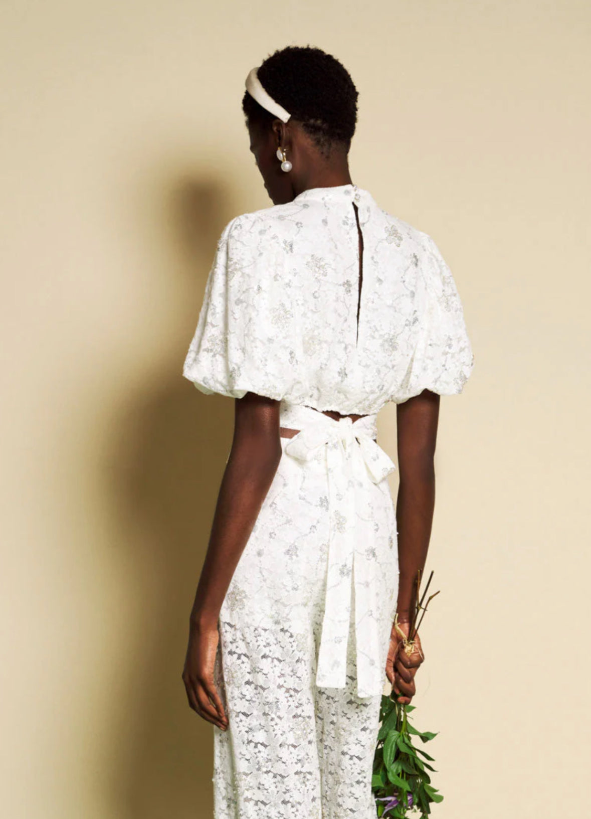 DREAM Sister Jane White Lace & Diamante Jardin High Waist Wide Leg Pants