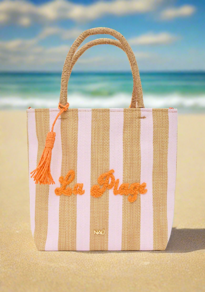 NALI Raffia Bag with Pink Stripe & Orange Lettering