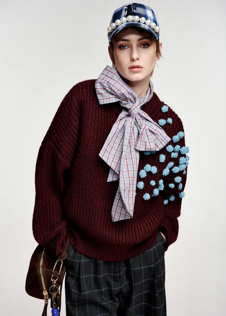 Essentiel Antwerp Wine Knit Jumper with Blue PomPoms