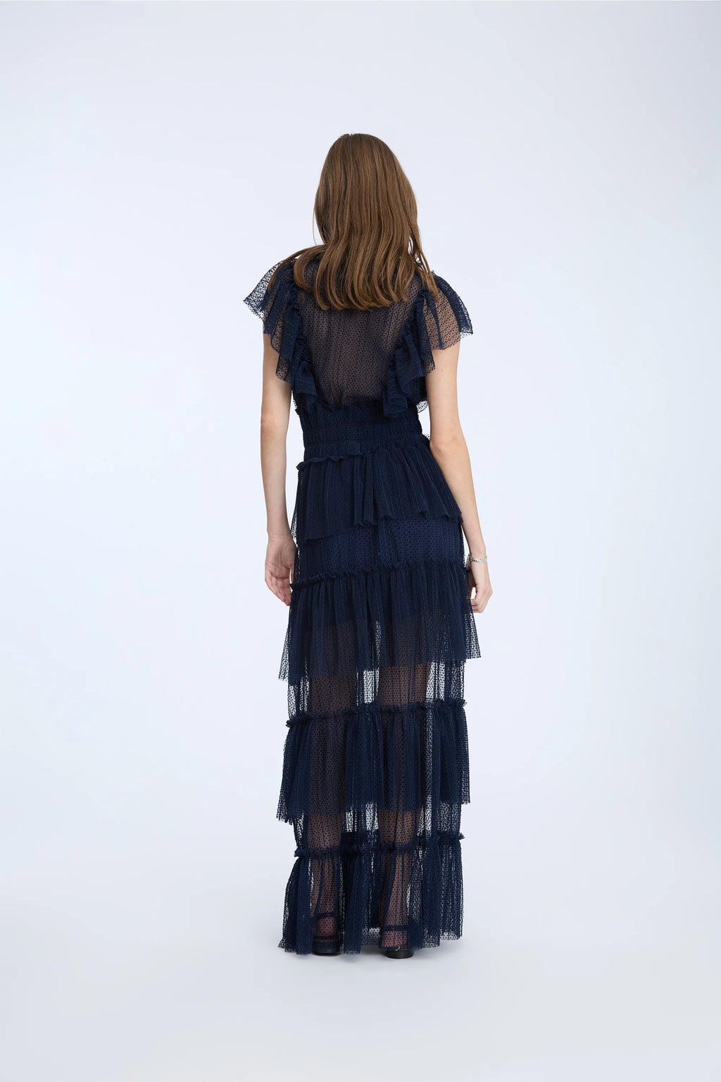 MUNTHE NORIZ Navy Tulle Maxi Dress with V-Neck