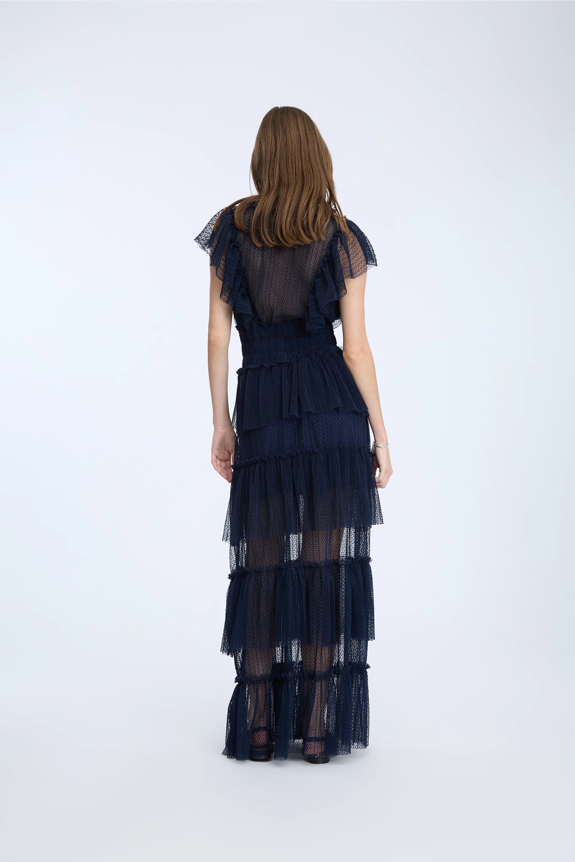 MUNTHE NORIZ Navy Tulle Maxi Dress with V-Neck