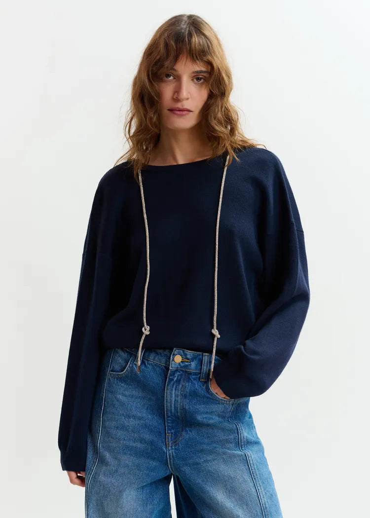 Essentiel Antwerp Navy Fine Knit Sweater with V-Back & Rhinestone Necklace