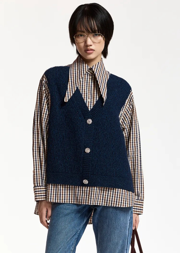 Essentiel Antwerp Shirt /Jumper with attached Navy 100% Wool waistcoat Knit