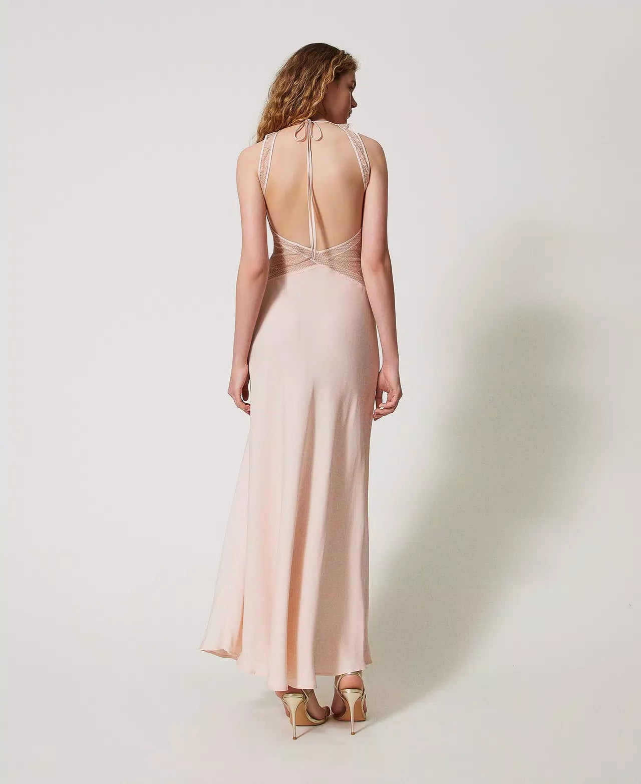 Twinset Milano cupcake pink long satin slip dress with lace