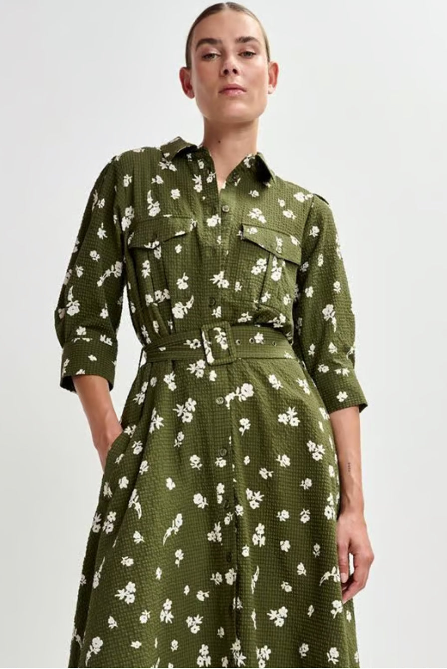 Essentiel Antwerp Olive Green Floral Belted Shirt Dress