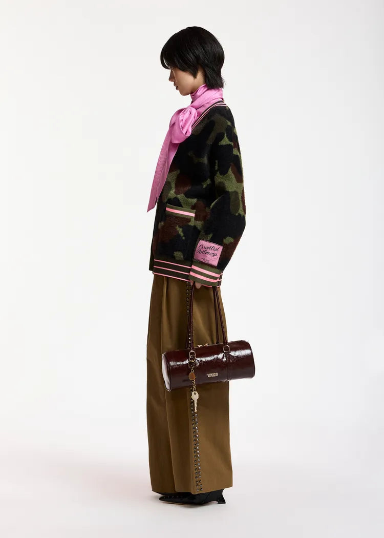 Essentiel Antwerp Khaki Camo Jacquard Cardigan with Pink Striped Trims