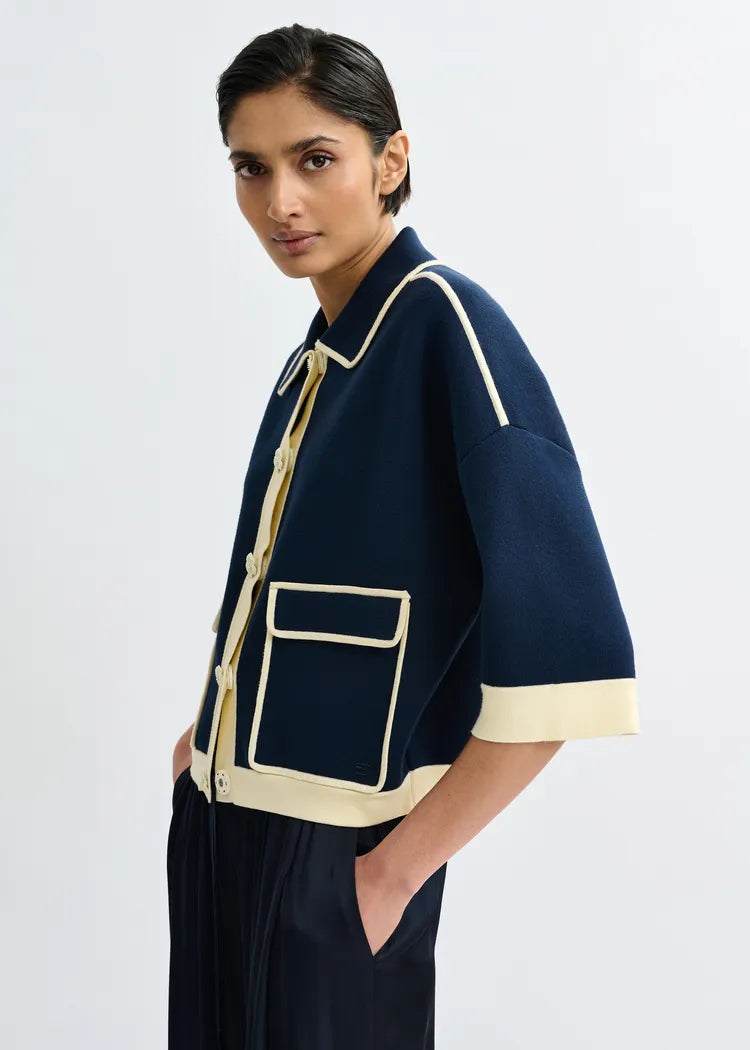 Essentiel Antwerp Navy Knit Cardigan with Flower Buttons & Contrasting Trim