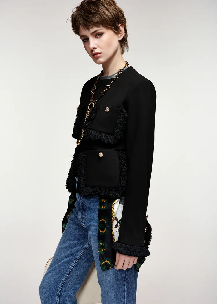 Essentiel Antwerp Black Utility Jacket with Fringe Details and Appliqué Pockets