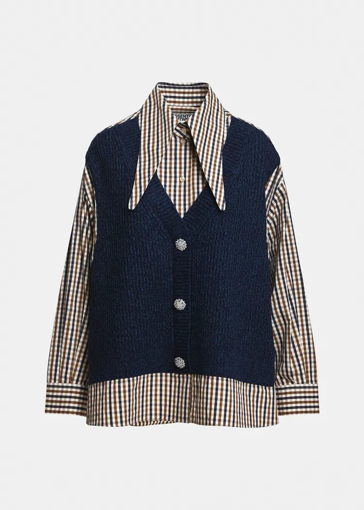 Essentiel Antwerp Shirt /Jumper with attached Navy 100% Wool waistcoat Knit