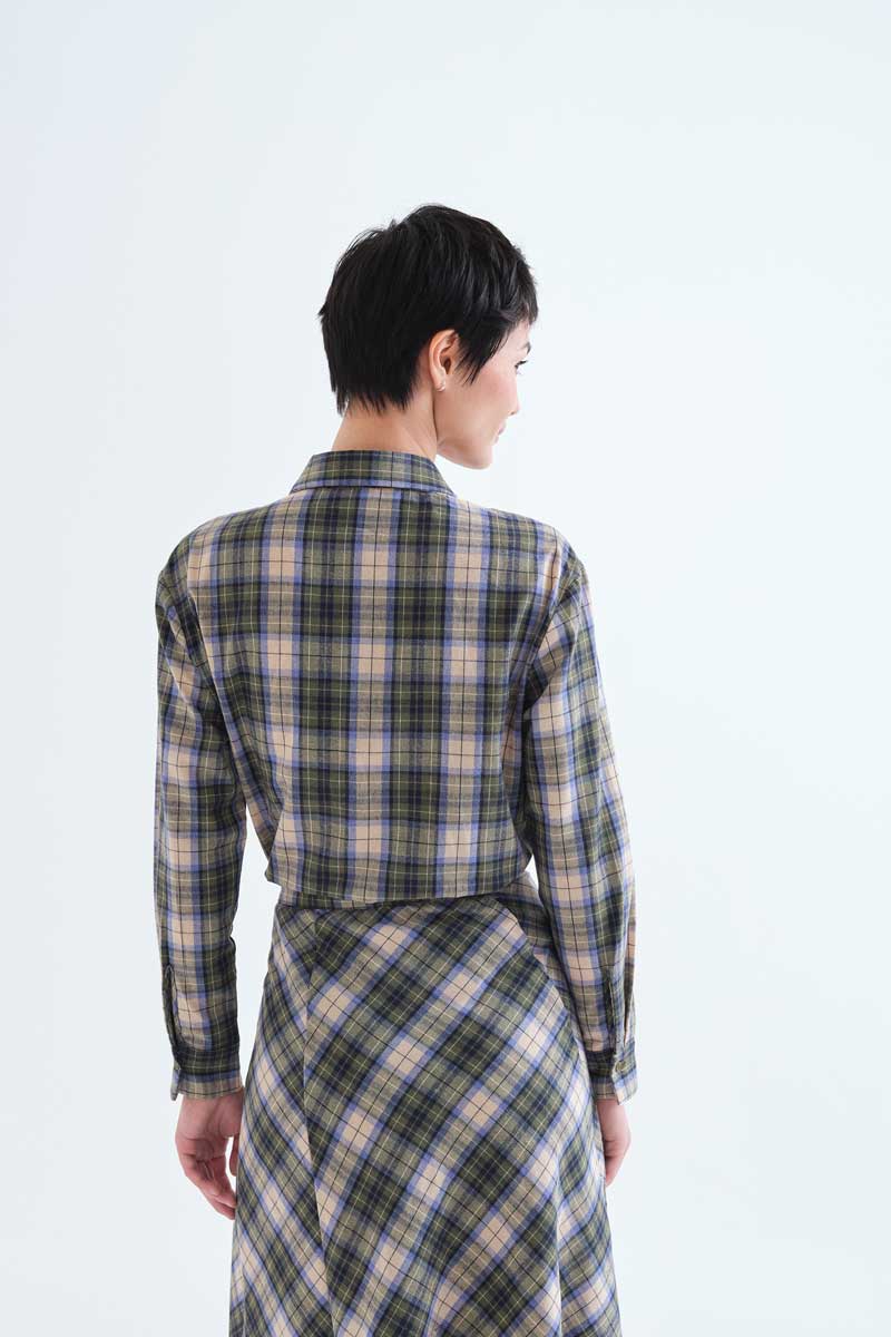 Compañia Fantástica Blue Green Cream Plaid Shirt with Ruffle Detail on Front Pocket