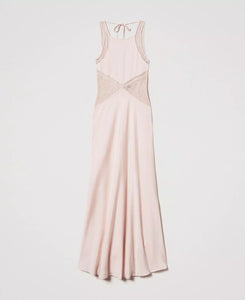 Twinset Milano cupcake pink long satin slip dress with lace