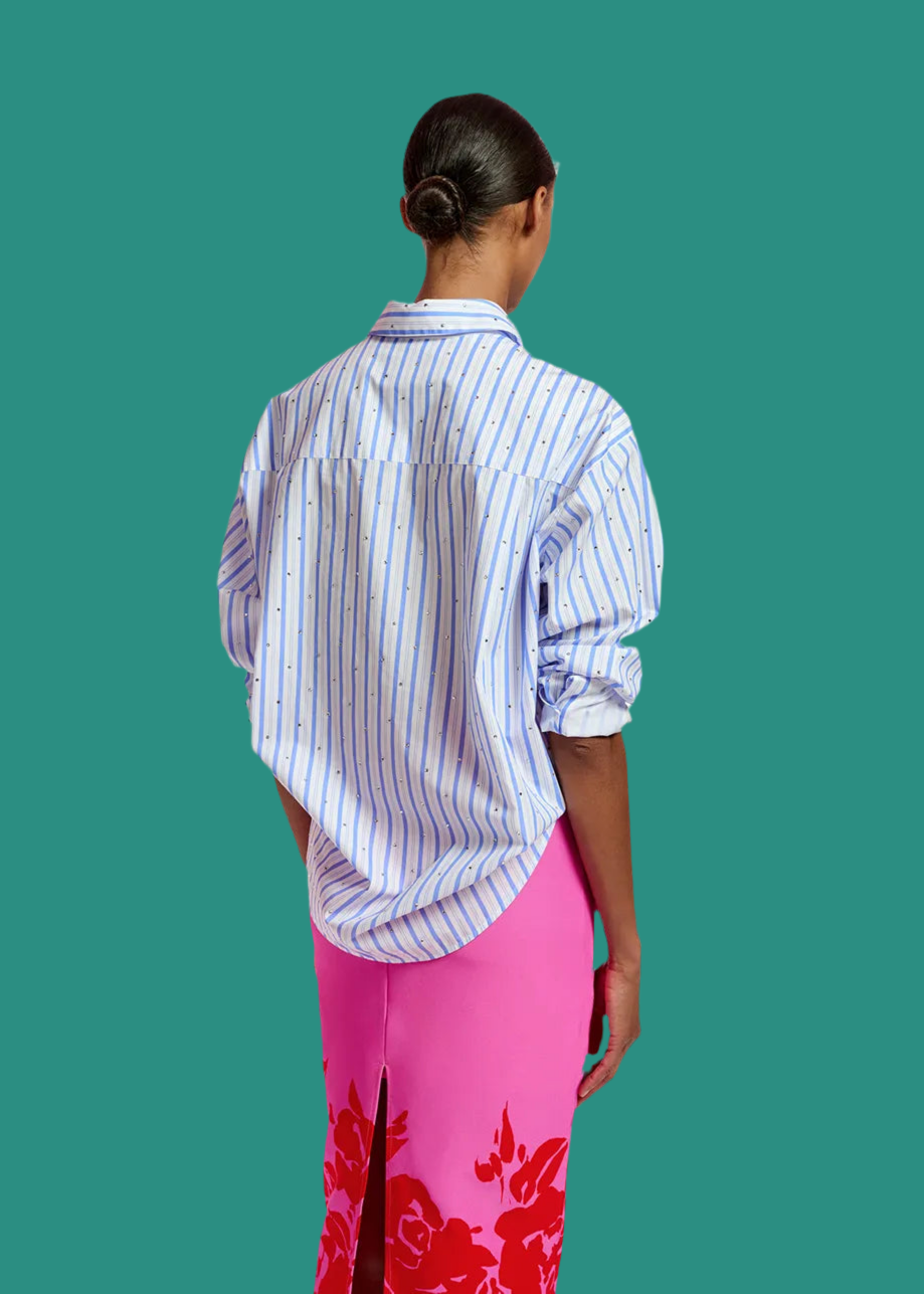 Essentiel Antwerp White and Blue Rhinestone Embellished Shirt