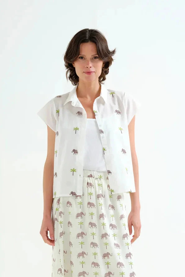 Compañía White Voile Cotton with Elephant Embroidery