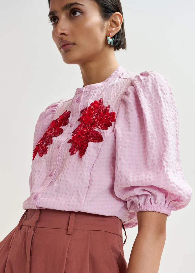 Essentiel Antwerp Lilac Shirt with Red/Terracotta Embellished Flower