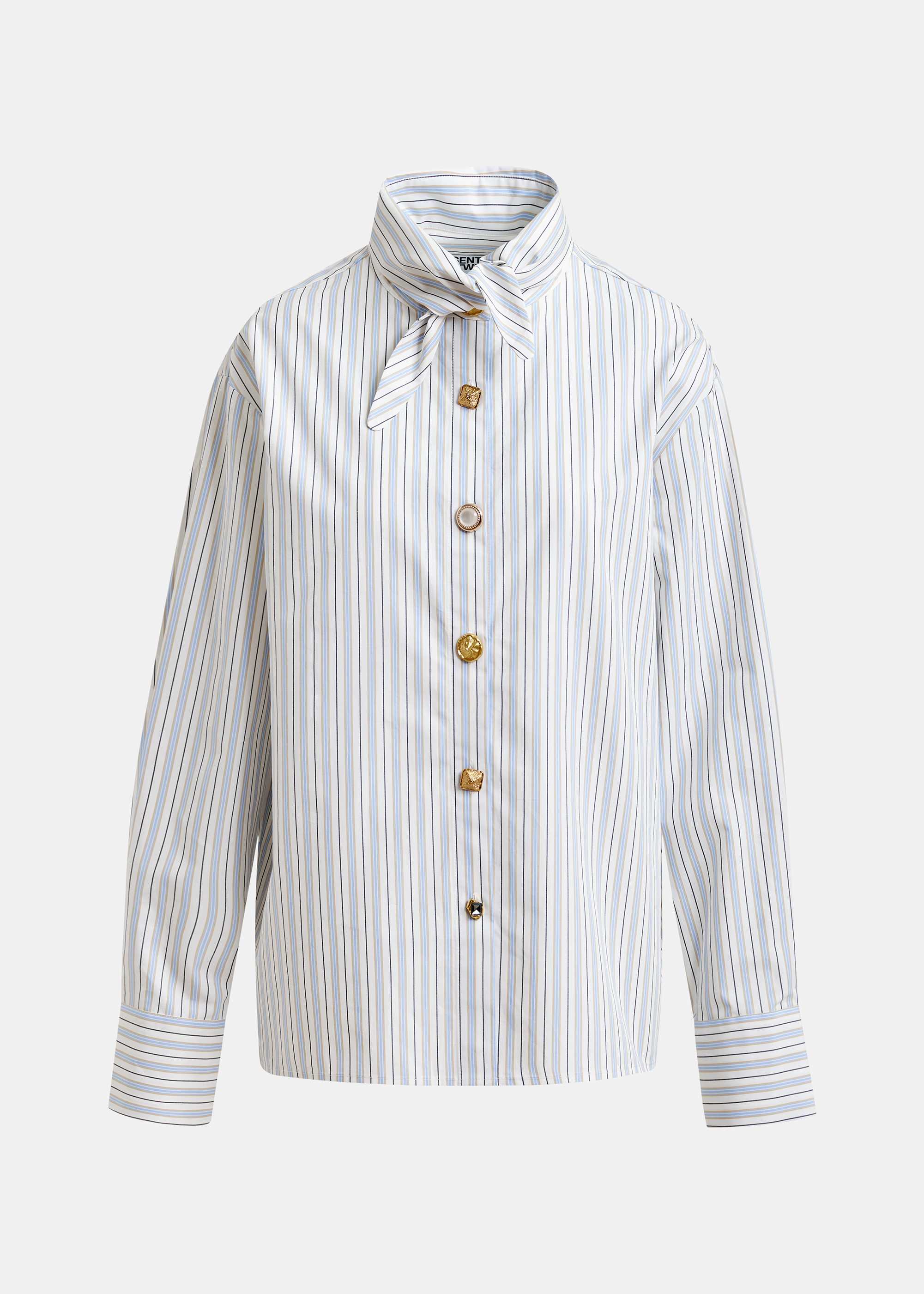 Essentiel Antwerp White & Blue Stripe Shirt with Long Collar & Mismatched Buttons