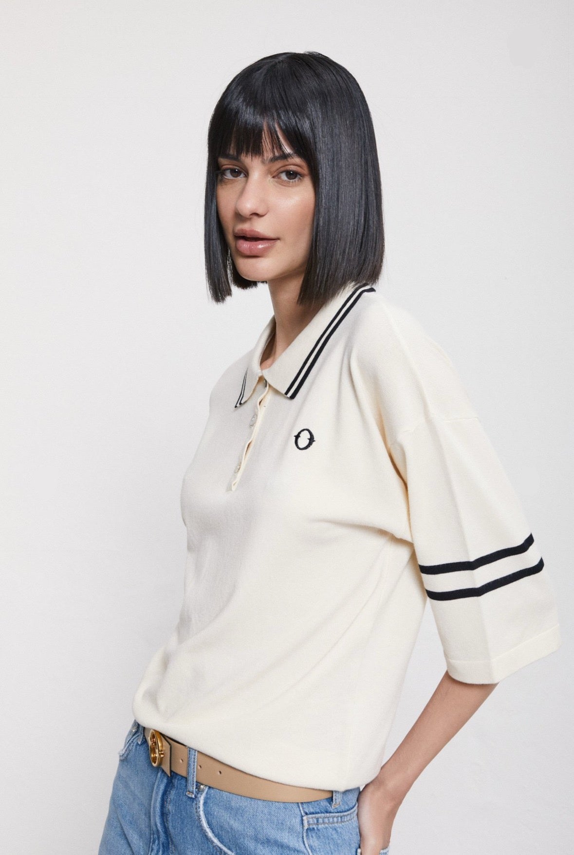 Ottod’Ame Cream Polo Top with Black Stripe