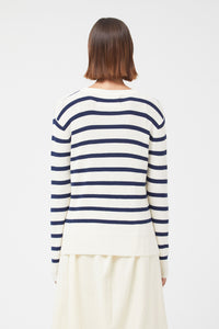 Compania  Fantastica Navy Blue and Soft White Fine Knit Striped Jumper