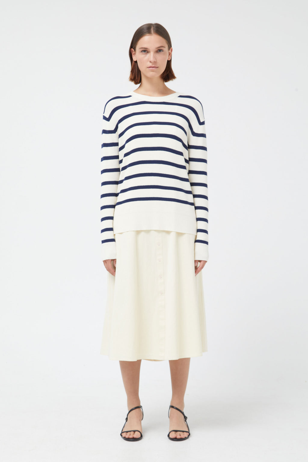 Compania  Fantastica Navy Blue and Soft White Fine Knit Striped Jumper
