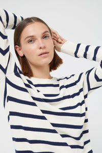 Compania  Fantastica Navy Blue and Soft White Fine Knit Striped Jumper