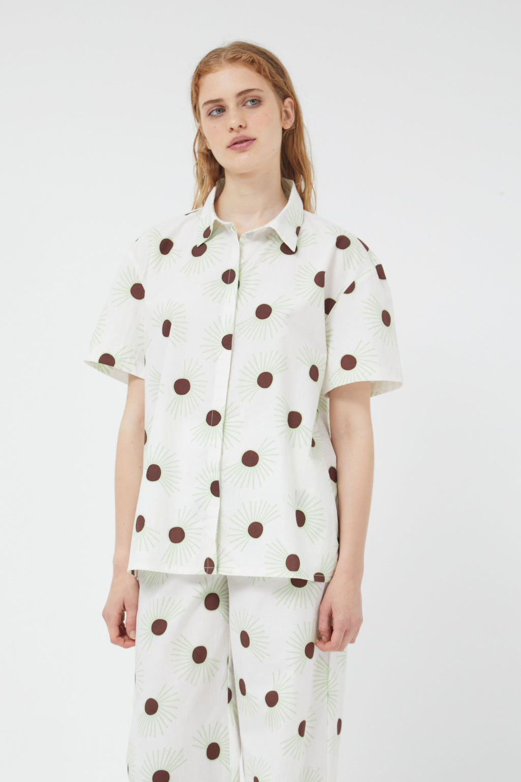 Compania Fantastica Pastel Green  & White Shirt with Floral Dot