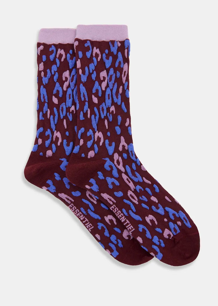 Essentiel Antwerp Burgundy Blue Mauve Leopard Jacquard-Knit Cotton-Blend Socks