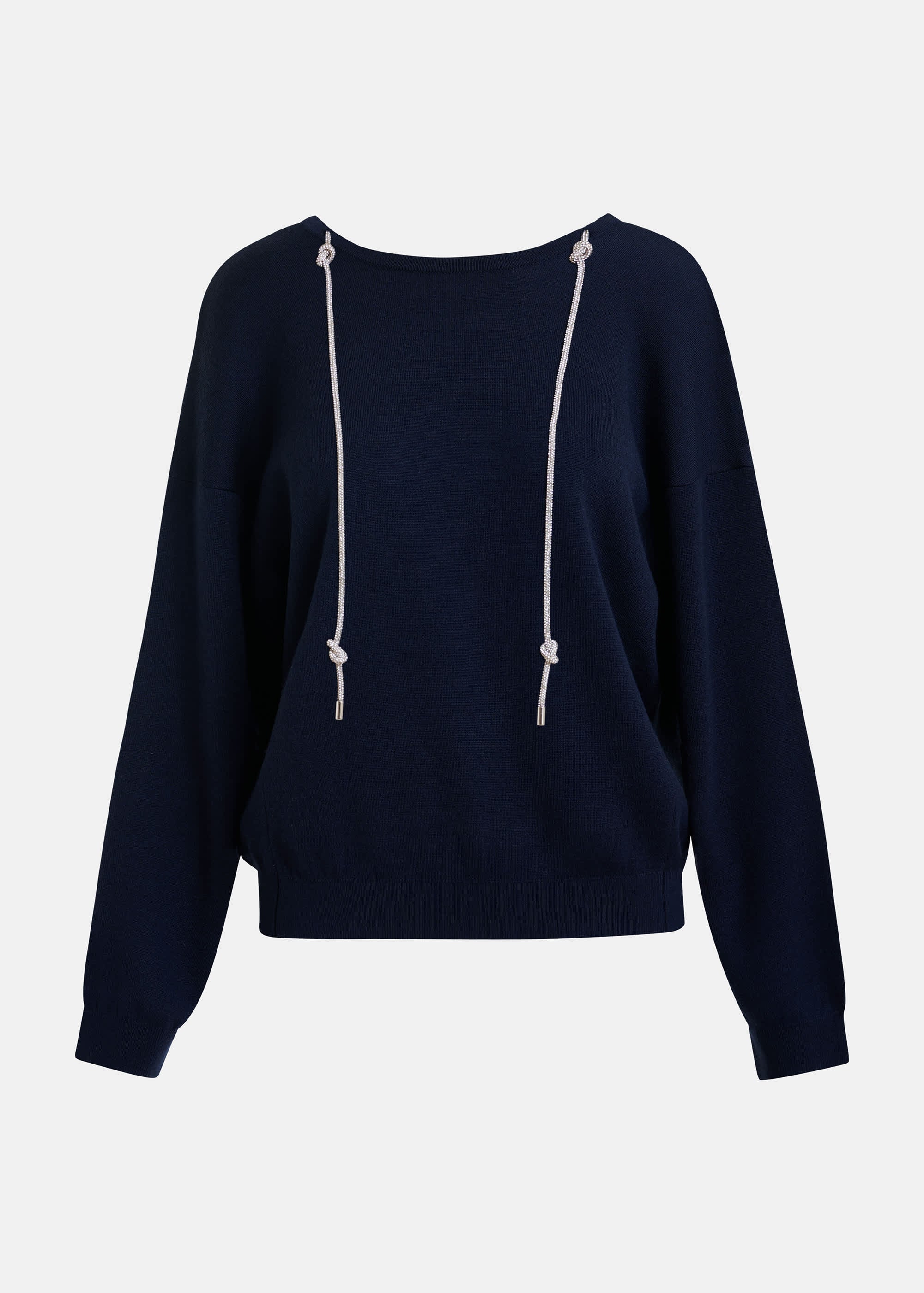 Essentiel Antwerp Navy Fine Knit Sweater with V-Back & Rhinestone Necklace