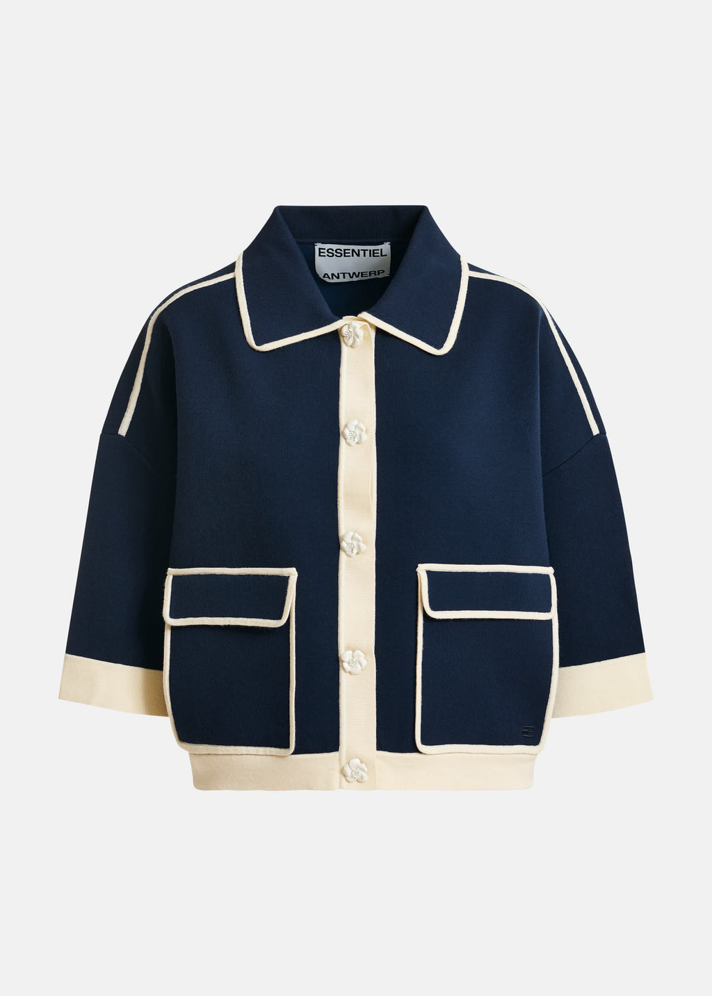 Essentiel Antwerp Navy Knit Cardigan with Flower Buttons & Contrasting Trim