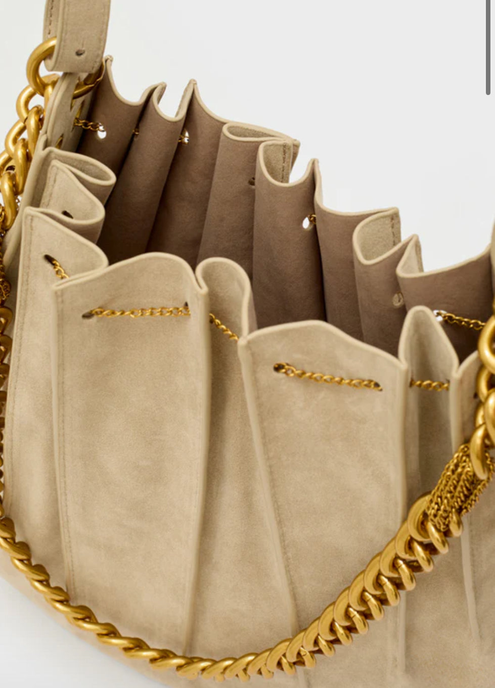 NALI Cream Suede Leather Handbag with Gold Chain Hardware