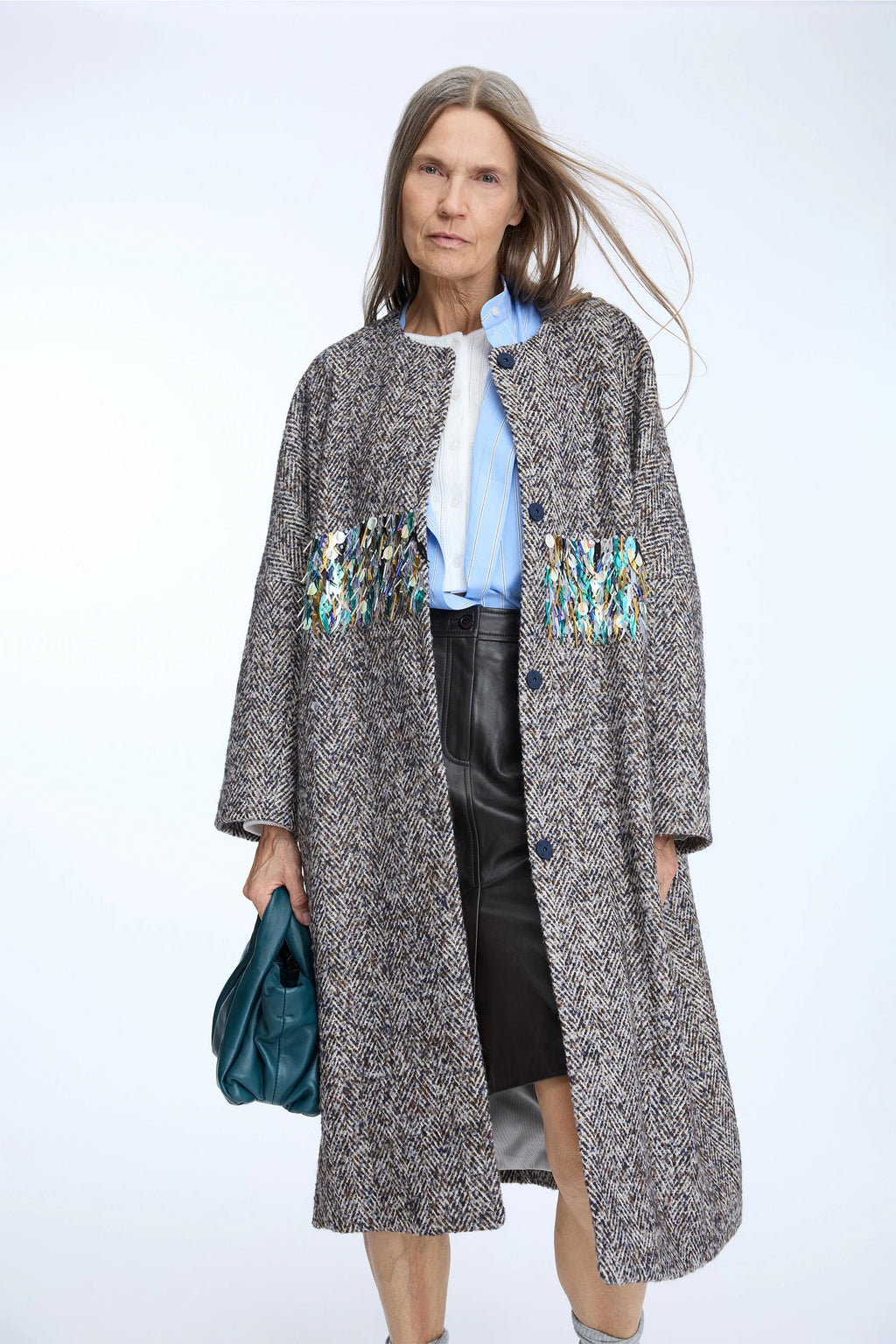 MUNTHE NINELLA Grey Blue Tweed Coat with Sequin Detailing