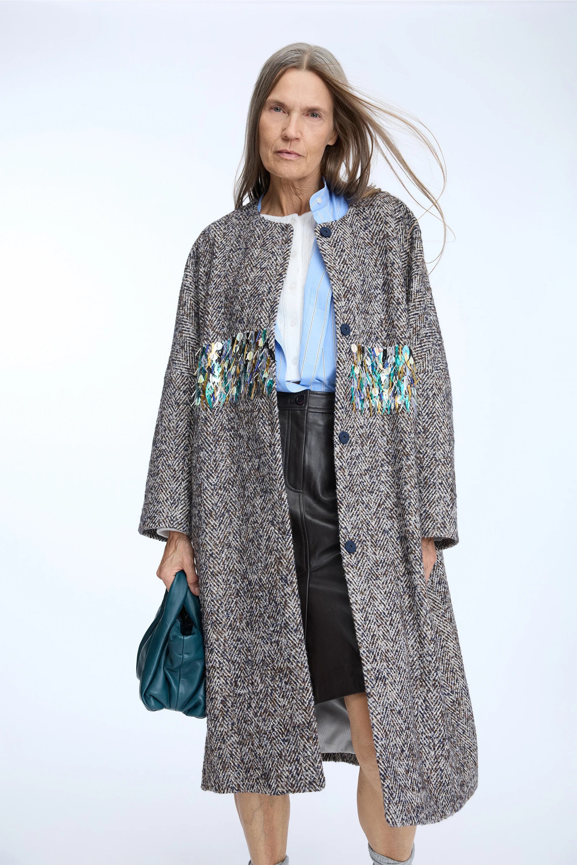 MUNTHE NINELLA Grey Blue Tweed Coat with Sequin Detailing