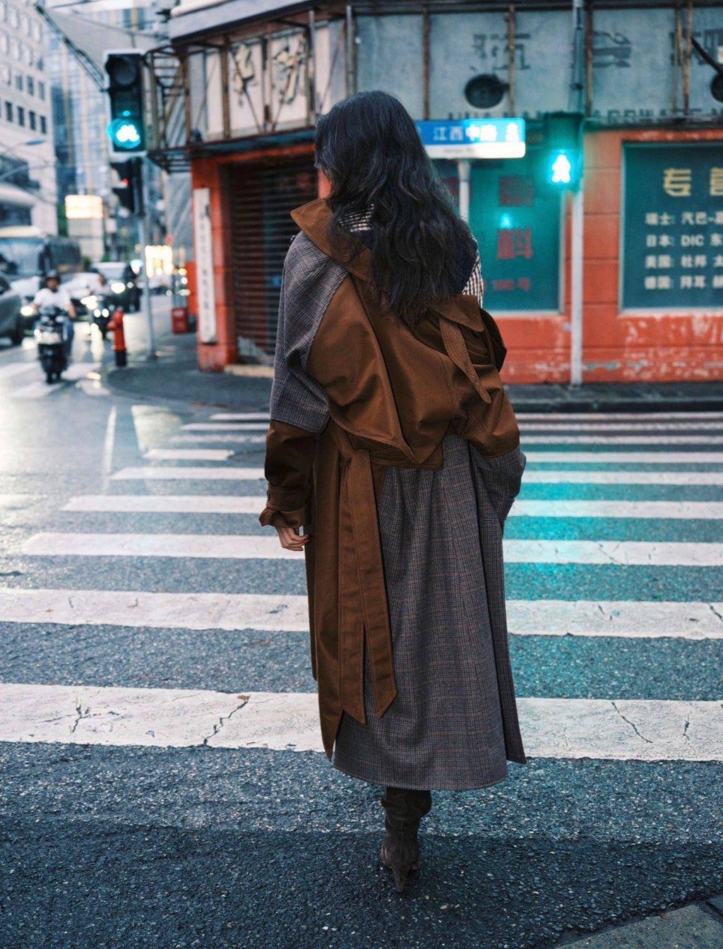 Essentiel Antwerp Brown and Tweed Colour Block Trench Coat